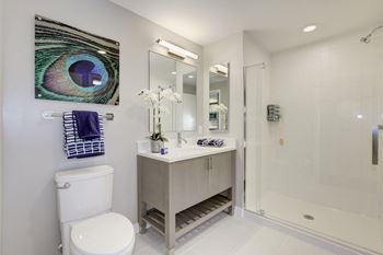 A bathroom with a toilet sink and shower at Valo Apartments, District of Columbia 20024